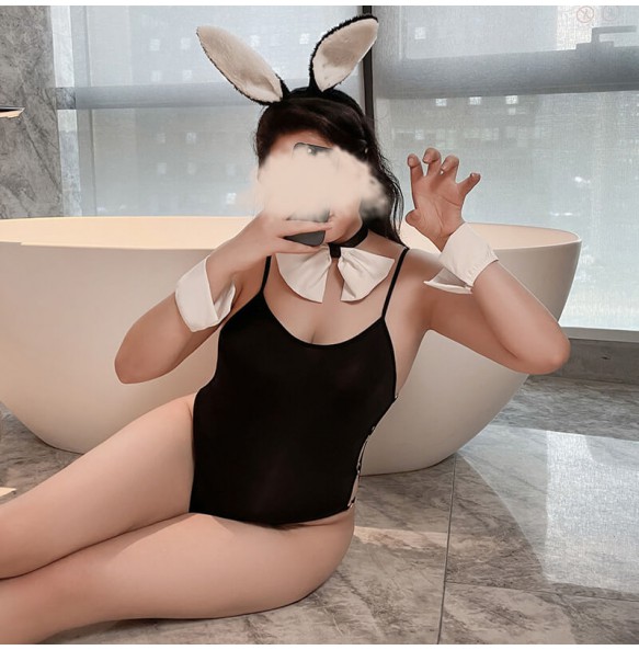 FEE ET MOI - Side Metal Buckle Bunny Girl Bodysuit Set (Plus Size - Black)